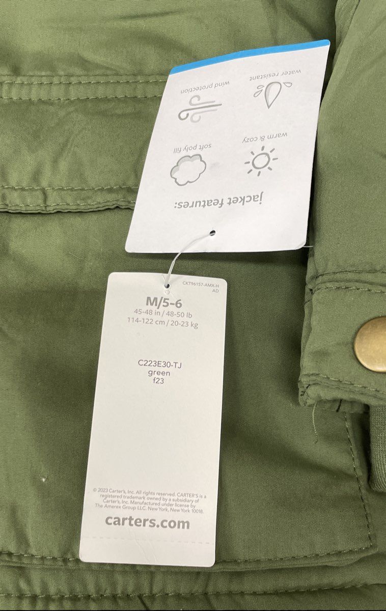 Carter's Boys Faux Fur Hooded Parka Winter Coat Green Camo Lining NWT Sz 5-6