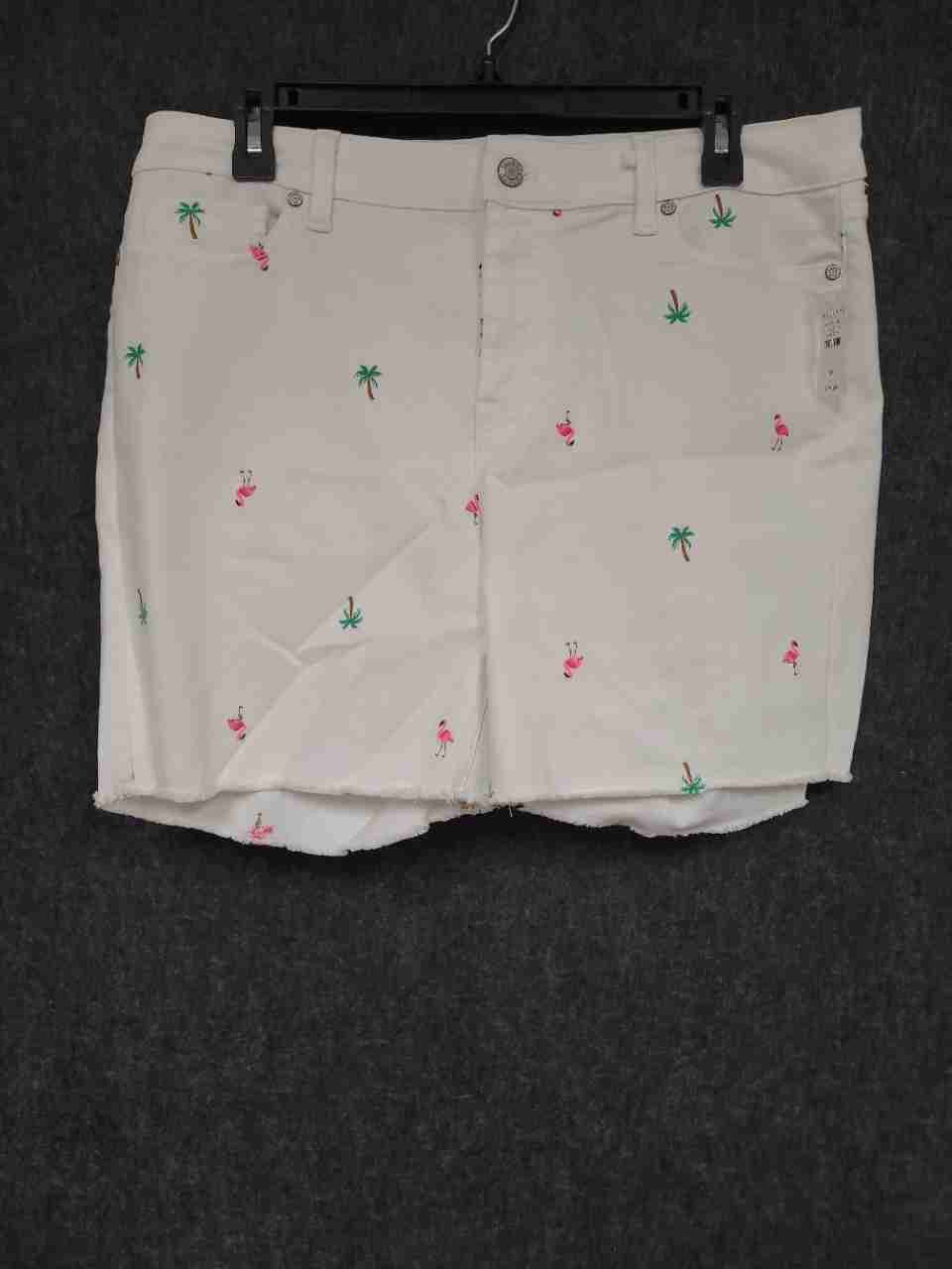 Talbots Women's White Denim Shorts Embroidered Flamingo Palm Raw Hem Sz 10 NWT