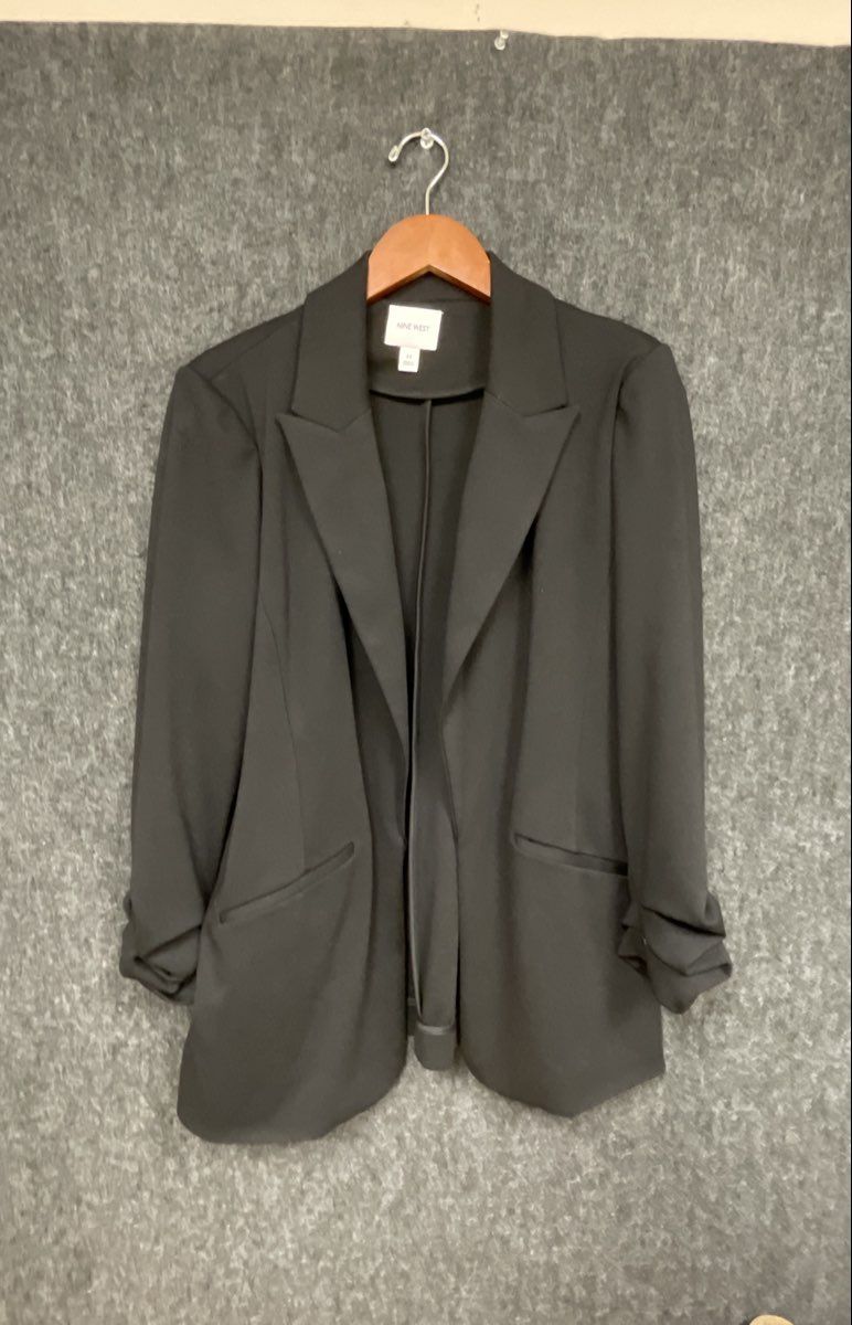 Nine West Women's Black Open Front Ruched 3/4 Sleeve Blazer Jacket Size M