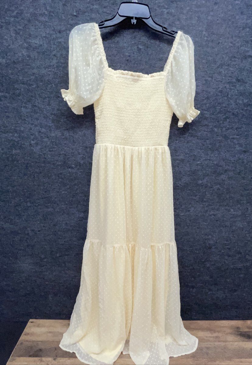 Patrons of Peace Women's Yellow Swiss Dot Smocked Puff Sleeve Maxi Dress Sz S