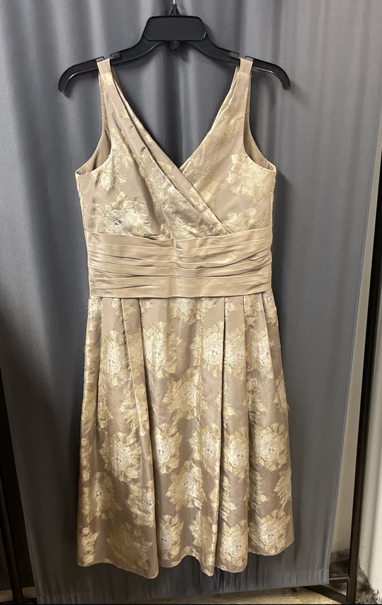 Vintage Y2K Siri Women's Beige Champagne Floral Brocade Dress Silk Trim Sz 10