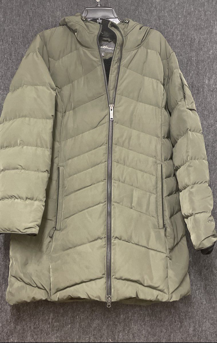 Eddie Bauer Women's Green Hooded Sherpa Lined Chevron Puffer Jacket Sz XL