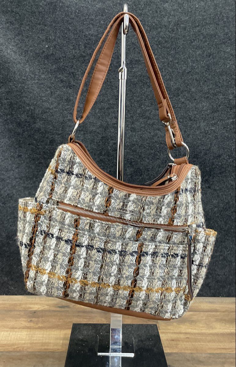 Rosetti Brown Tan Multi Knit Tweed Shoulder Bag Hobo Faux Leather Trim