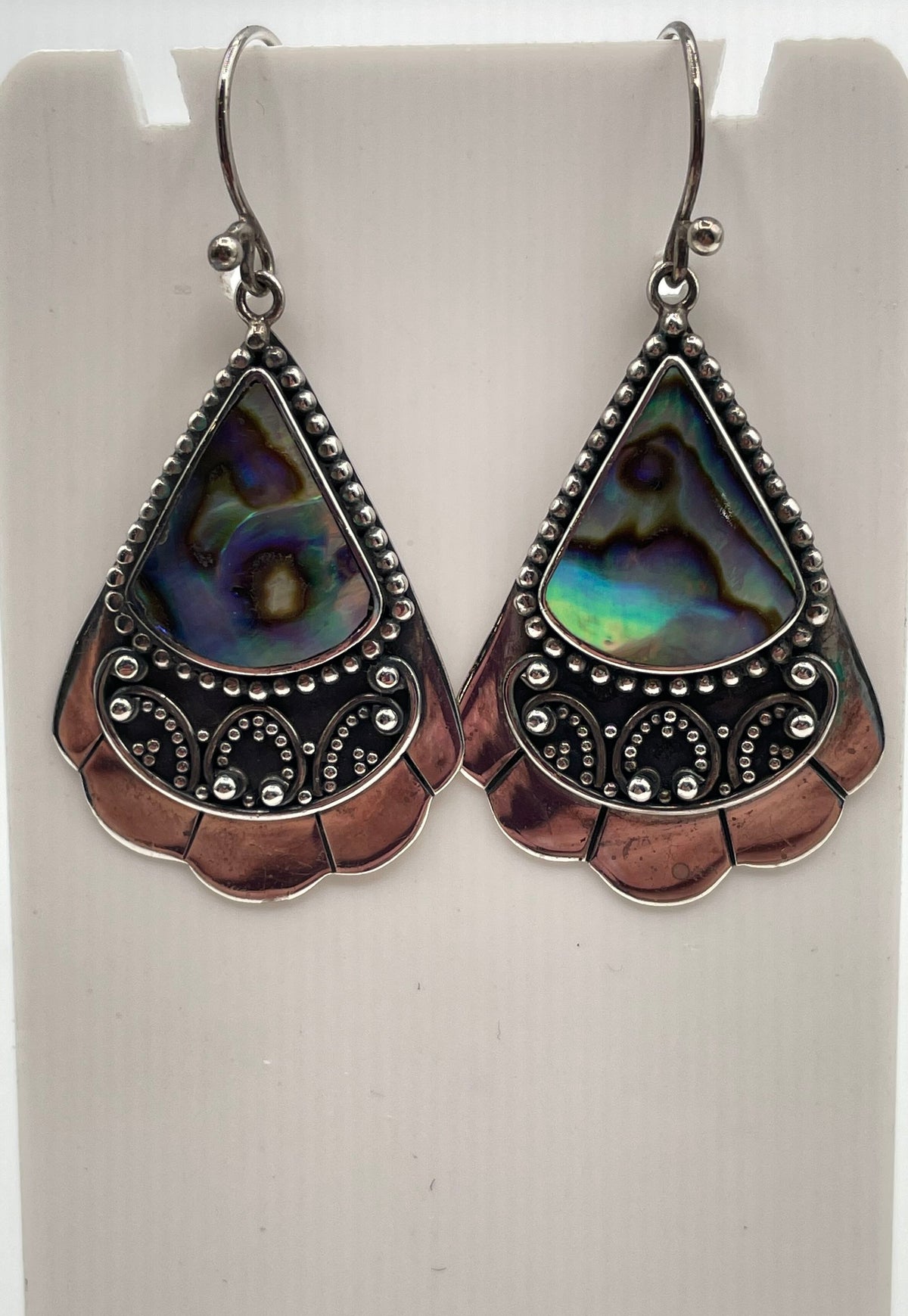 Merav 925 Sterling Silver Abalone Granulated Scalloped Dangle Earrings 8.2g