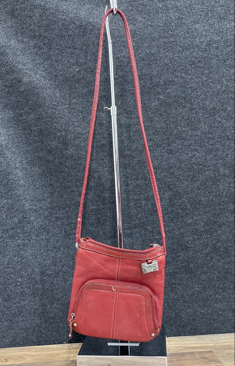 Tignanello Red Pebbled Leather Crossbody Bag Handbag Silver Hardware