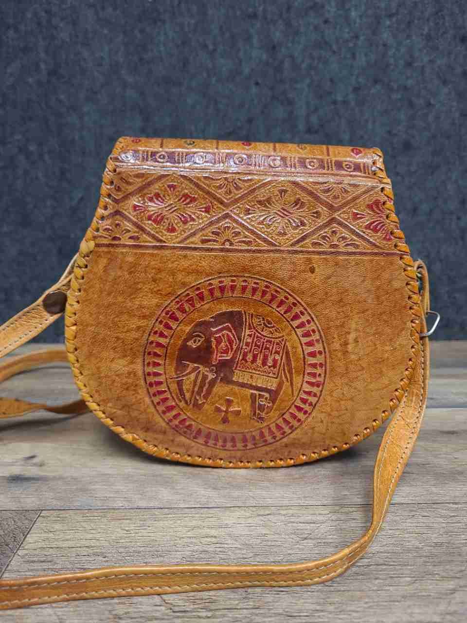 Vintage Tan Tooled Leather Elephant Crossbody Bag Boho Hippie Shoulder Bag