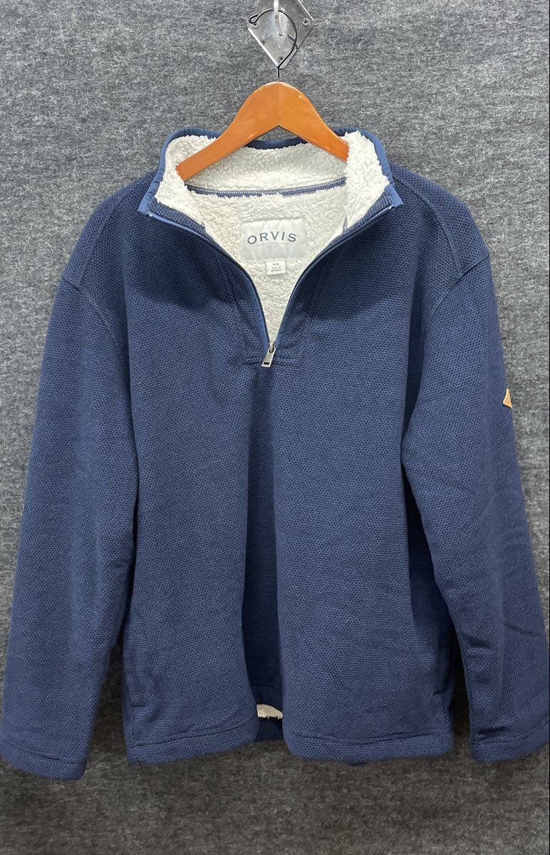 Orvis Men's Blue Textured Knit Quarter Zip Sherpa Lined Pullover Jacket Sz M