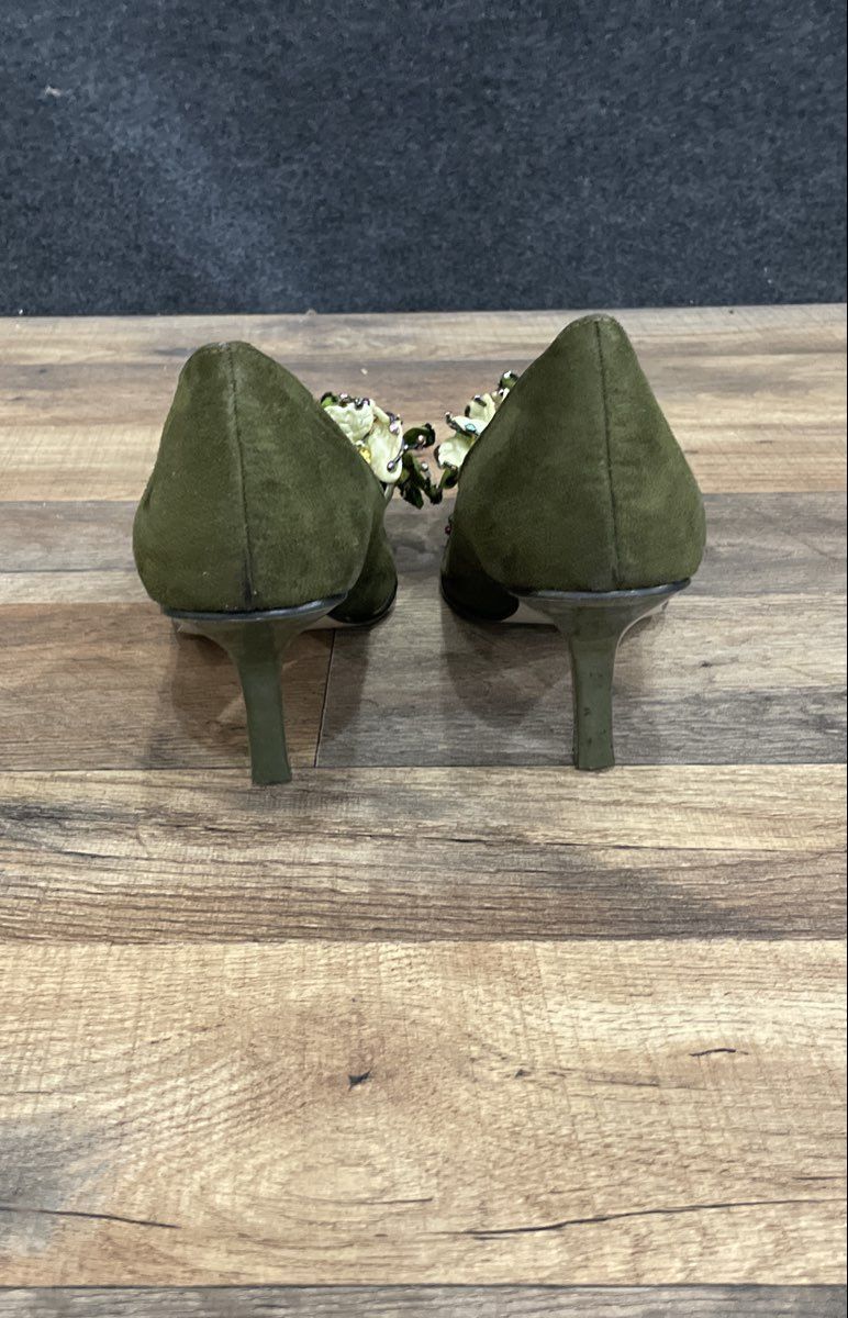 Jamie Nicole Olive Green Floral Beaded Pointed Toe Heels Pumps Women's Size 10M