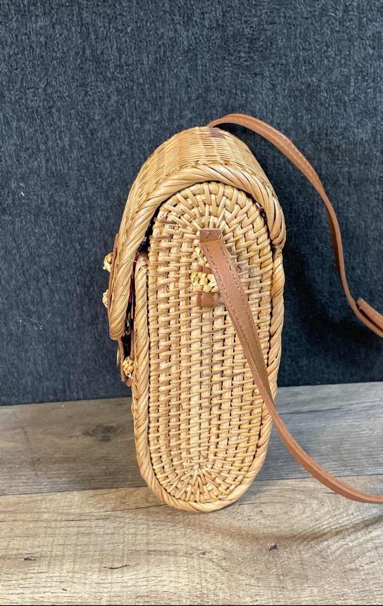 Unbranded Brown Woven Rattan Wicker Box Crossbody Bag Floral Lining