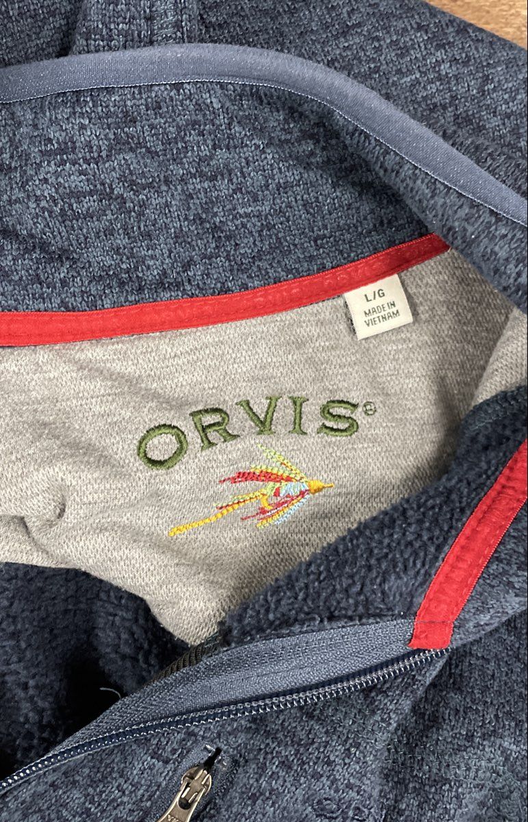 Orvis Men's Full Zip Sweater Fleece Vest Heathered Blue Mock Neck Pockets Sz L