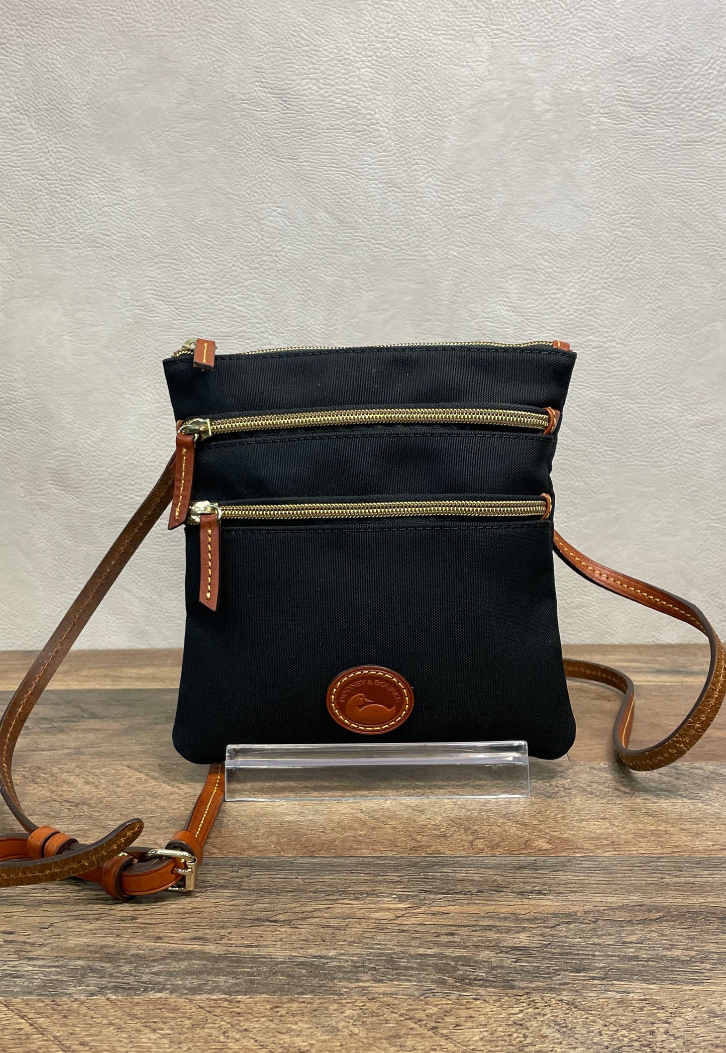 Dooney & Bourke Black Canvas Triple Zip Crossbody Bag Brown Leather Trim