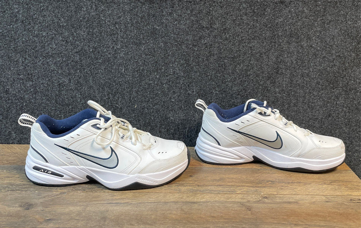 Nike Air Monarch IV White Navy Metallic Silver Cross Training Shoes Size 12
