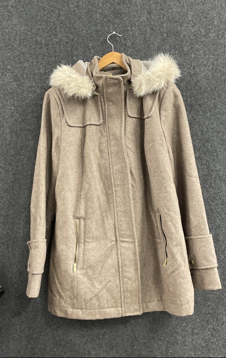 A New Day Women's Tan Wool Blend Faux Fur Trim Hooded Parka Jacket Size XL