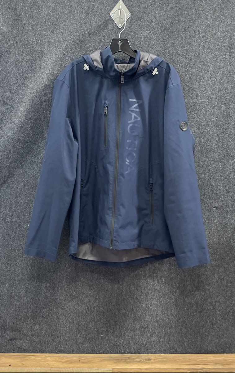 Nautica Men's Navy Blue Hooded Softshell Jacket Water Wind Resistant Stretch L