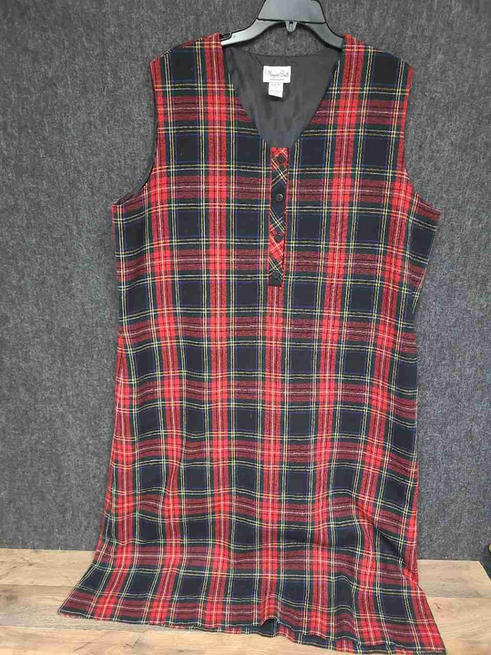 Vintage 90s Margaret Smith Women's Red Plaid Sleeveless V-Neck Shift Dress 20