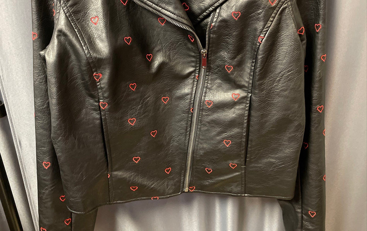 Candie's Women's Black Embroidered Hearts Faux Leather Moto Jacket Sz XL