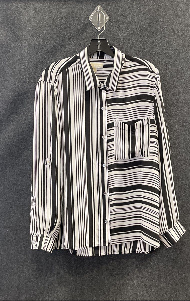 Michael Kors Women's Black White Striped Roll Tab Sleeve Blouse Size L