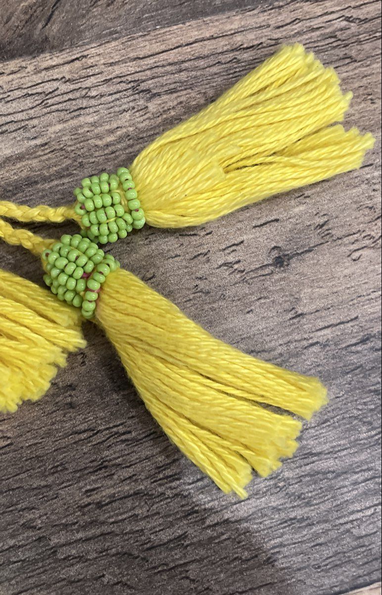 Vintage Floral Embroidered Drawstring Pouch Bag Green Beaded Trim Yellow Tassels