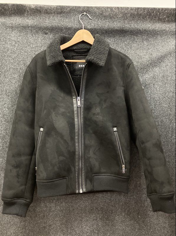 DKNY Men's Black Faux Suede Sherpa Lined Bomber Jacket Size S