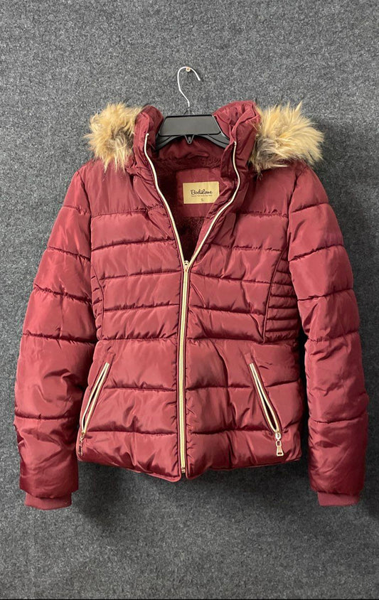 Bodilove Women's Burgundy Quilted Puffer Jacket Faux Fur Hooded Size S