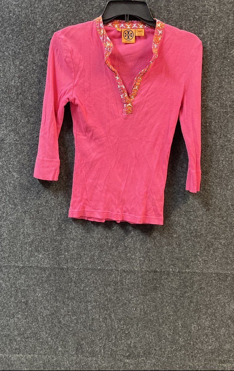 Tory Burch Women's Pink Ribbed Knit 3/4 Sleeve Geometric Trim Split Neck Top S