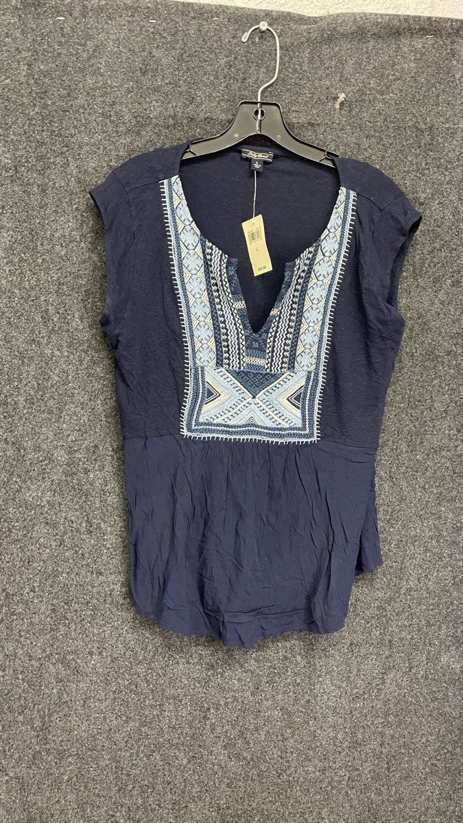 Lucky Brand Women's Navy Blue Embroidered Sleeveless Boho Blouse NWT Sz L