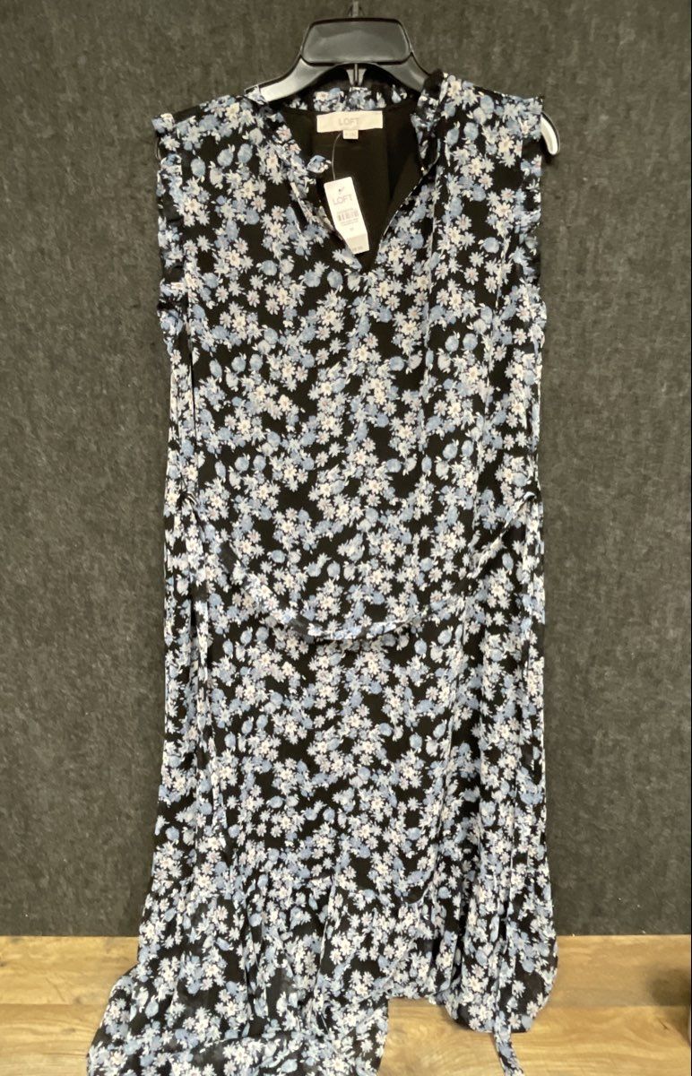 LOFT Women's Black Blue Floral Ruffle Neck Sleeveless Tiered Midi Dress Sz M NWT