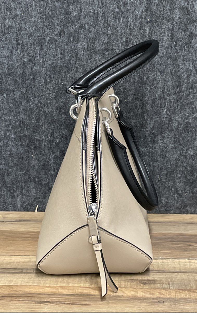 Calvin Klein Beige Black Saffiano Leather Susan Satchel Bag Silver Hardware