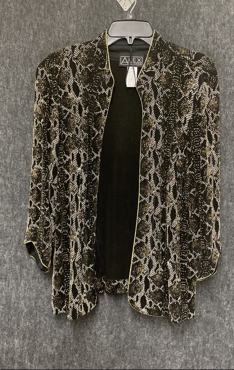 Alex Evenings Women's Black Gold Metallic Snakeskin Open Front Jacket Sz XL