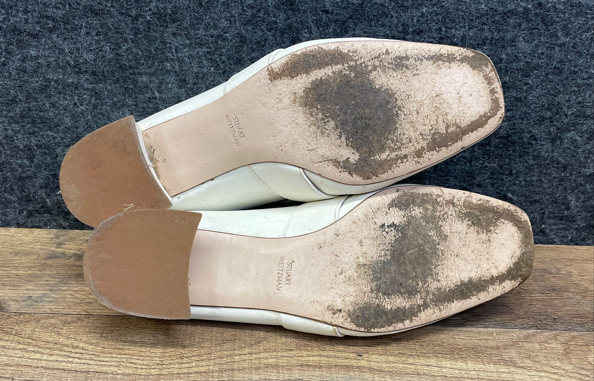 Vintage Stuart Weitzman White Leather Crystal Embellished Loafer Mules Size 9