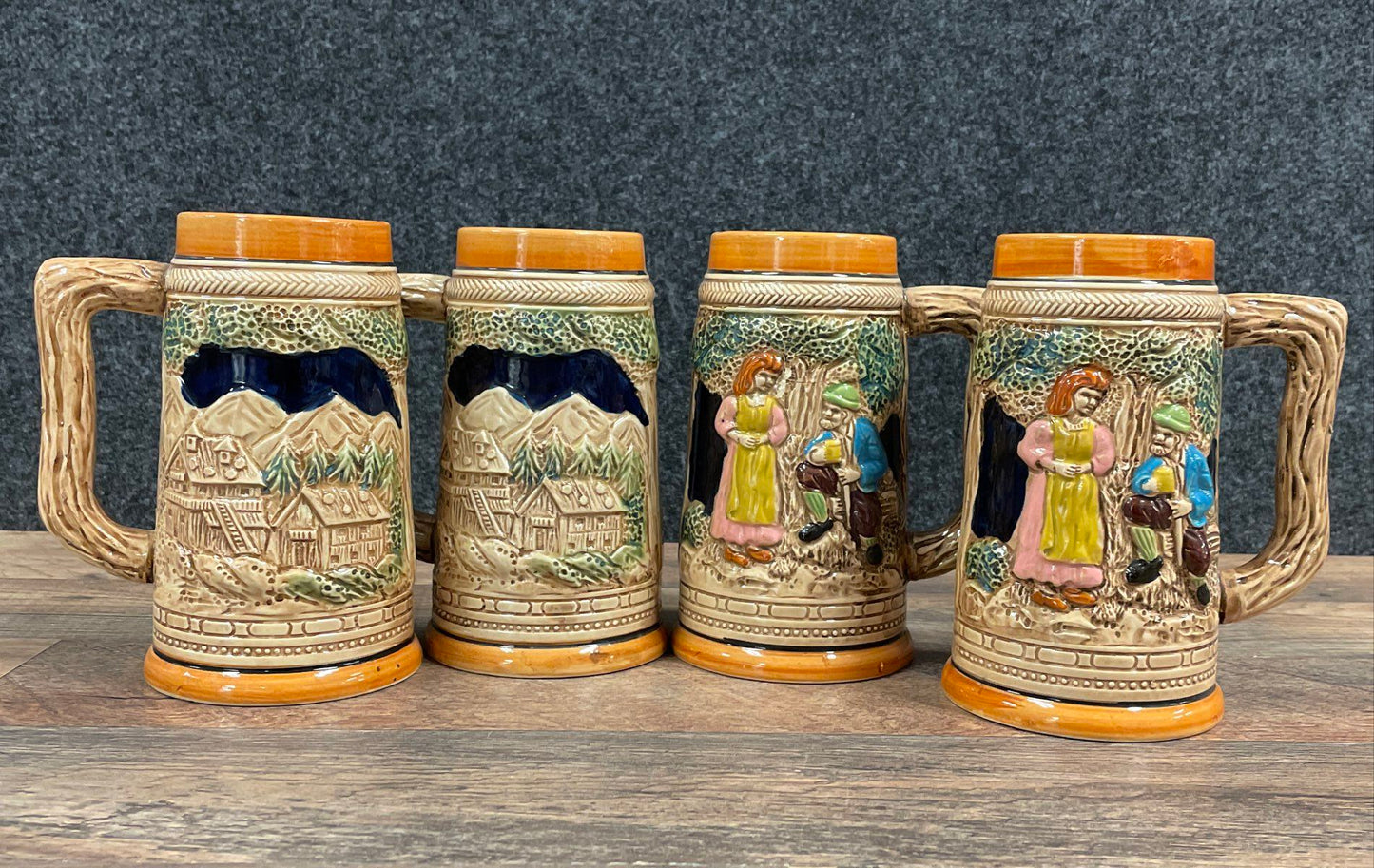 Vintage German Style Beer Mugs Steins Set of 4 Ceramic Relief Made in Japan