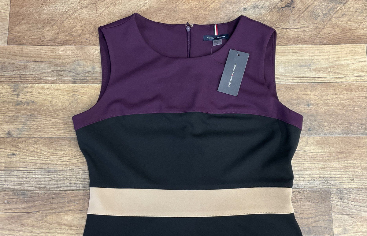 Tommy Hilfiger Women's Colorblock Sheath Dress Purple Black Beige Sz 6 NWT