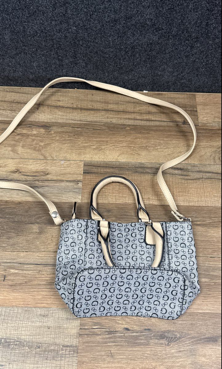 GUESS Grey Black Monogram Canvas Satchel Handbag Crossbody Bag Leopard Lining