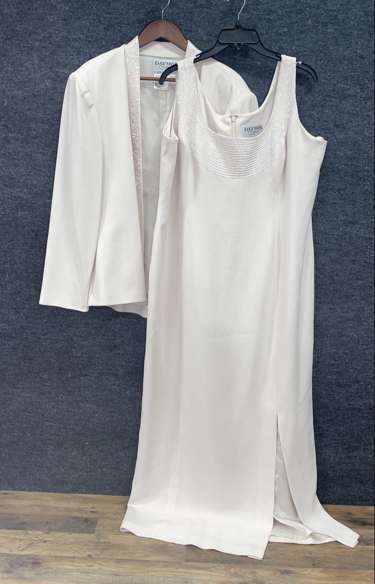 Daymor Couture Women's Ivory Vintage 90s Beaded 2pc Evening Dress Jacket Sz 18