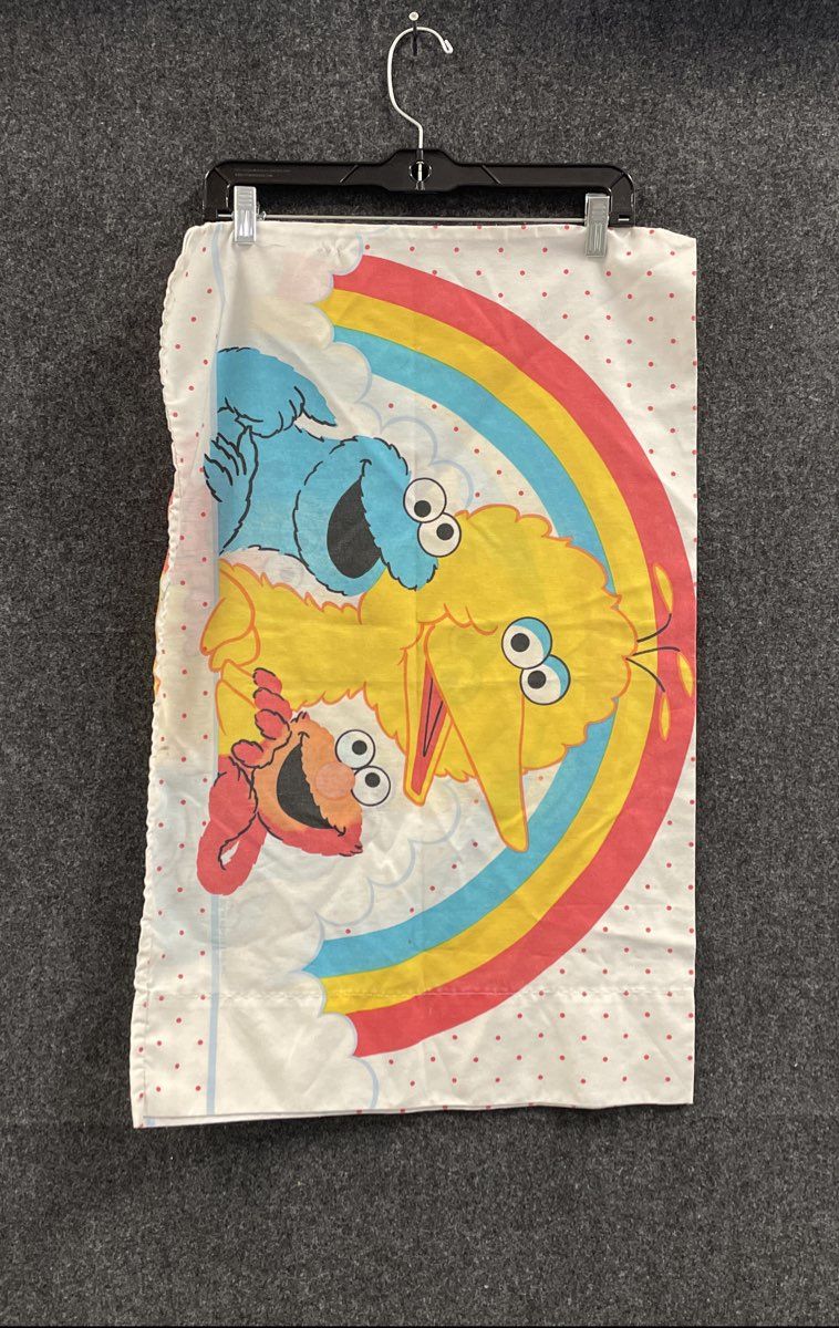 Vintage Sesame Street Pillowcase Big Bird Elmo Cookie Monster Rainbow Polka Dot