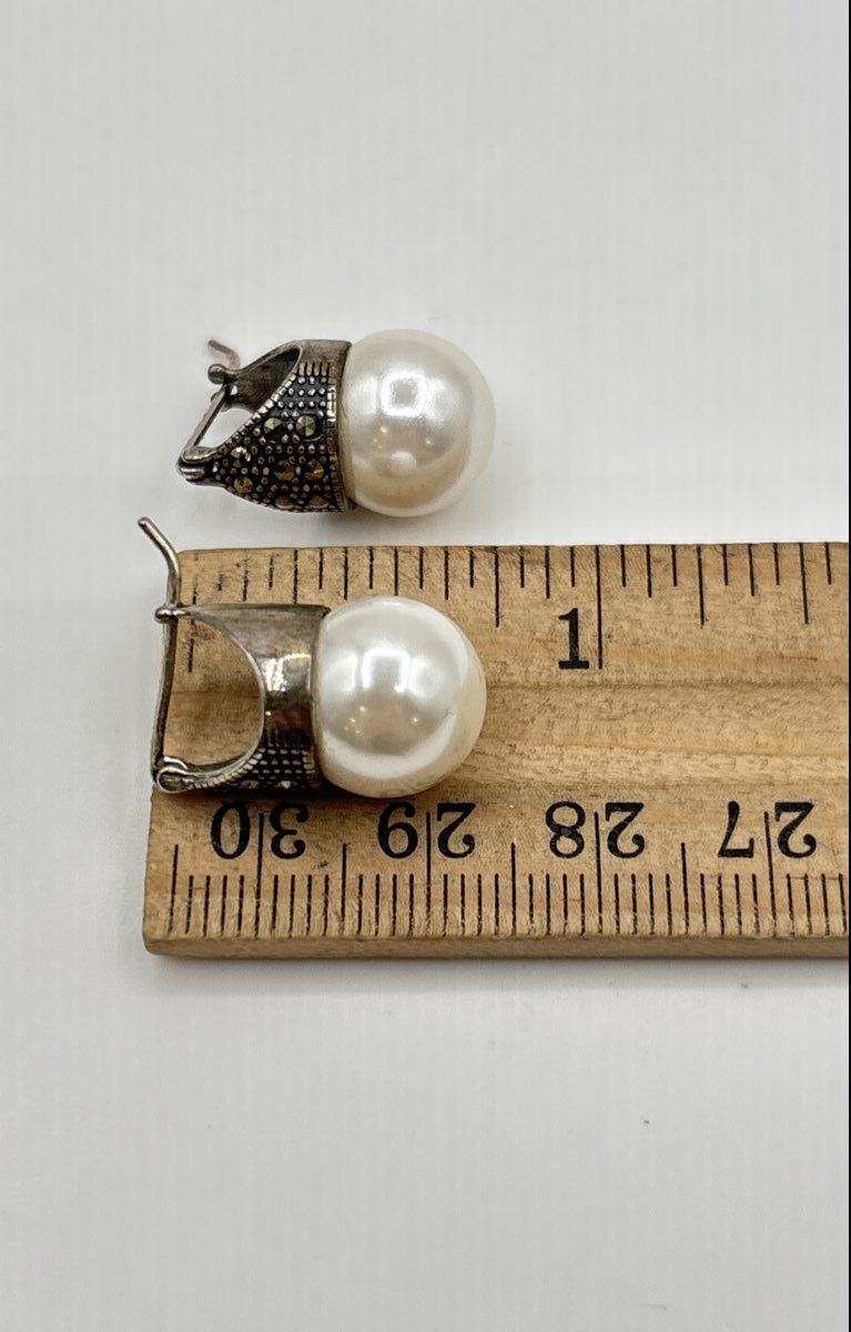 925 Sterling Silver Marcasite Accent Cap Faux Pearl Earrings 7.6g