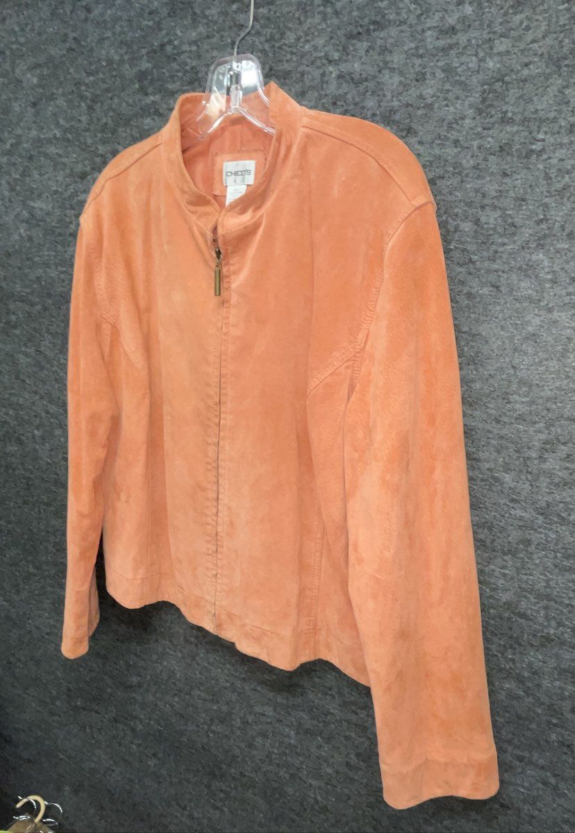 Chico's Women's Orange Suede Leather Full Zip Jacket Stand Collar Sz 3