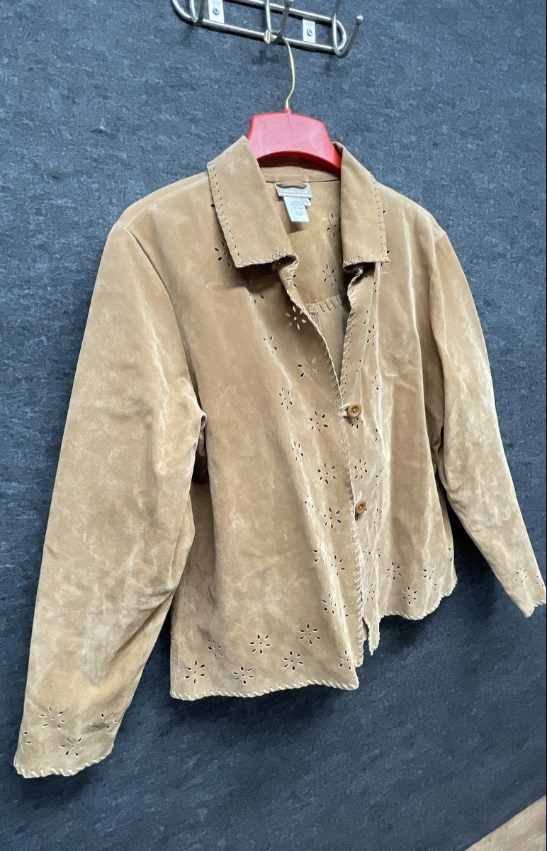 Vintage Coldwater Creek Women's Tan Leather Perforated Floral Jacket Sz L