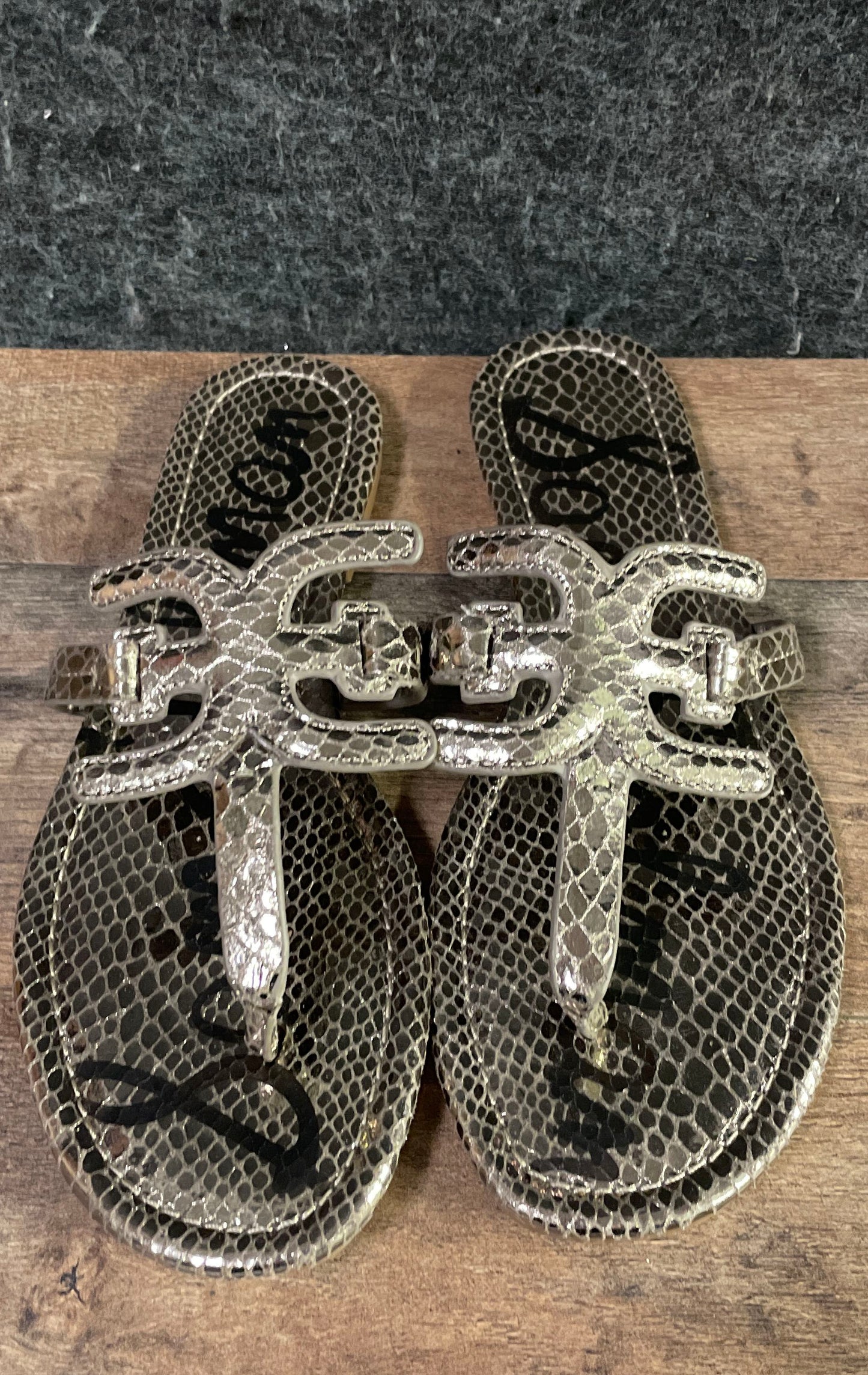 Sam Edelman Snakeskin Print Silver Metallic Double E Thong Sandals Size 8