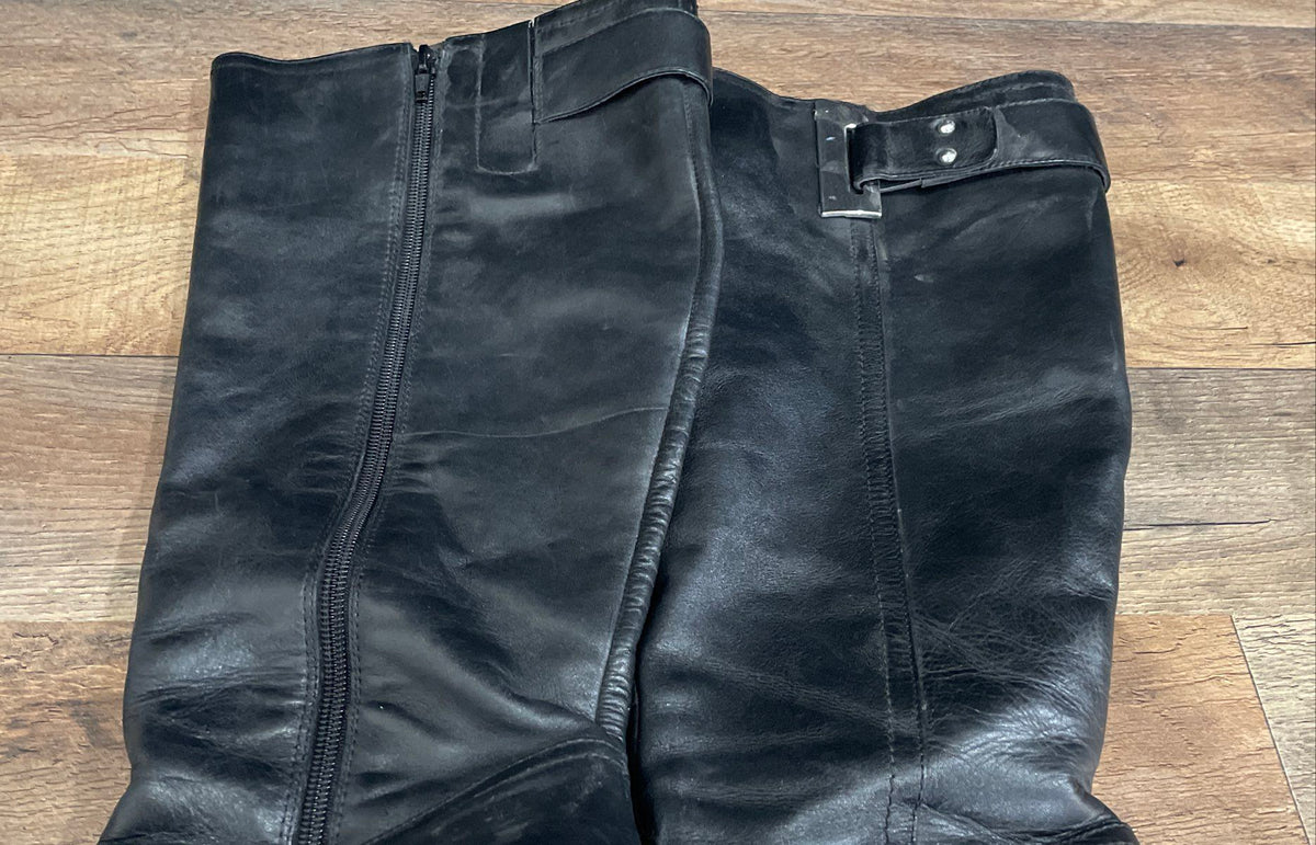 Black Leather Knee High Stiletto Boots Pointed Toe Buckle Zip Size 8