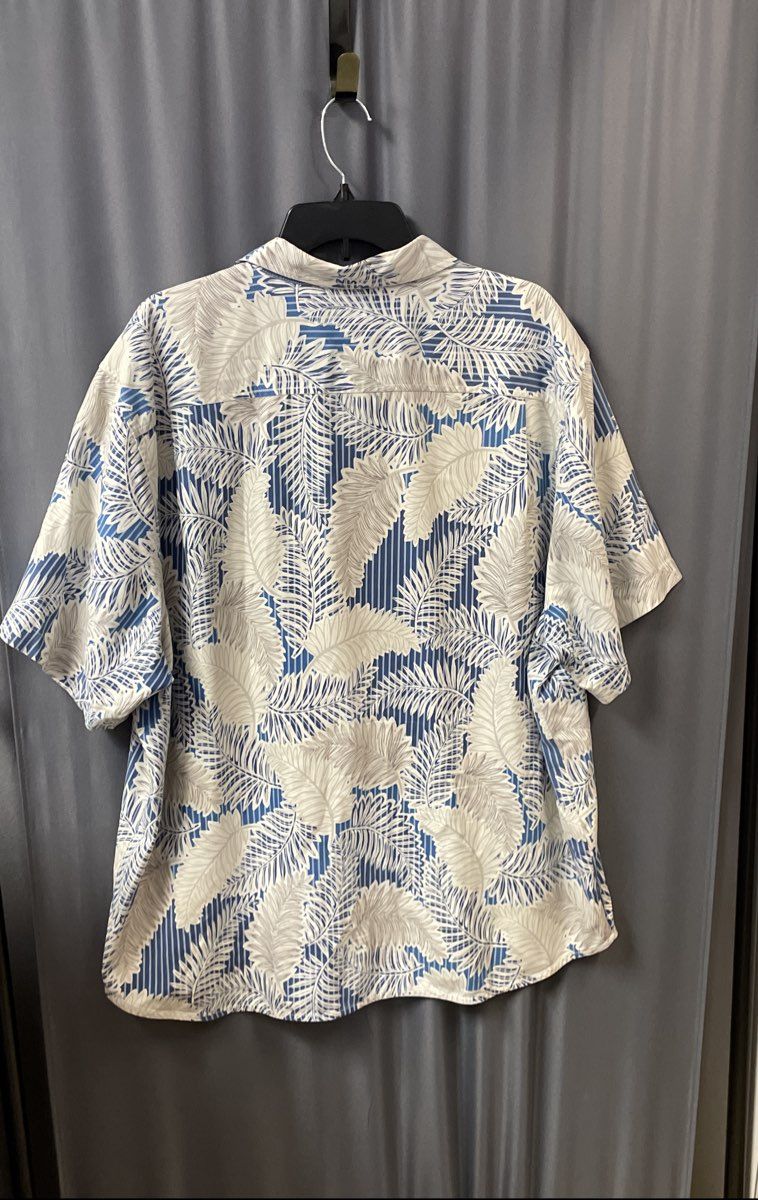 Tommy Bahama Men's Blue White Palm Leaf Striped Silk Blend Aloha Shirt Sz XXL