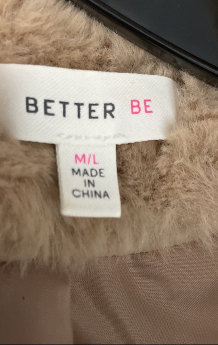 Better Be Women's Tan Beige Mid-Length Faux Fur Open Front Coat Sz M/L
