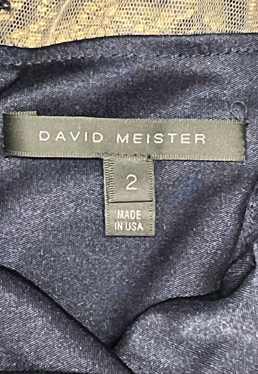 David Meister Navy Blue Floral Sequined Lace Top Ruched Sheath Dress Size 2