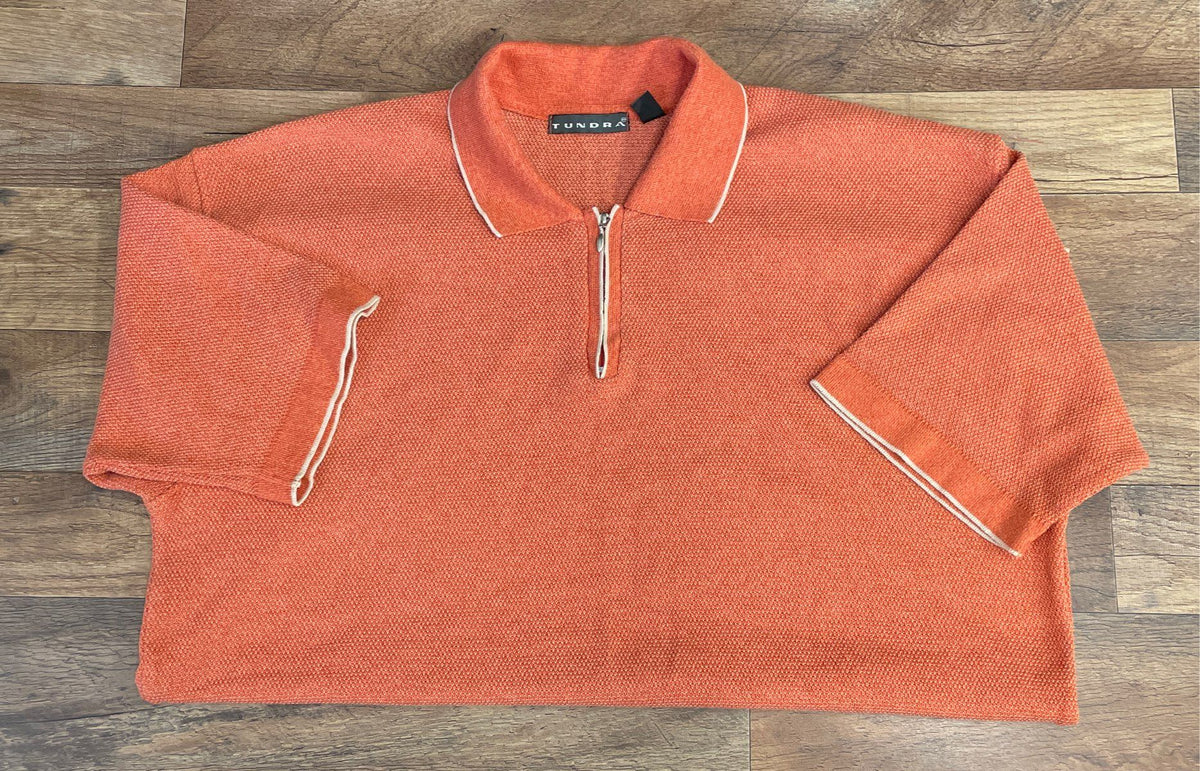 Tundra Men's Vintage 90s Orange Textured Knit 1/4 Zip Short Sleeve Polo Sz XXL