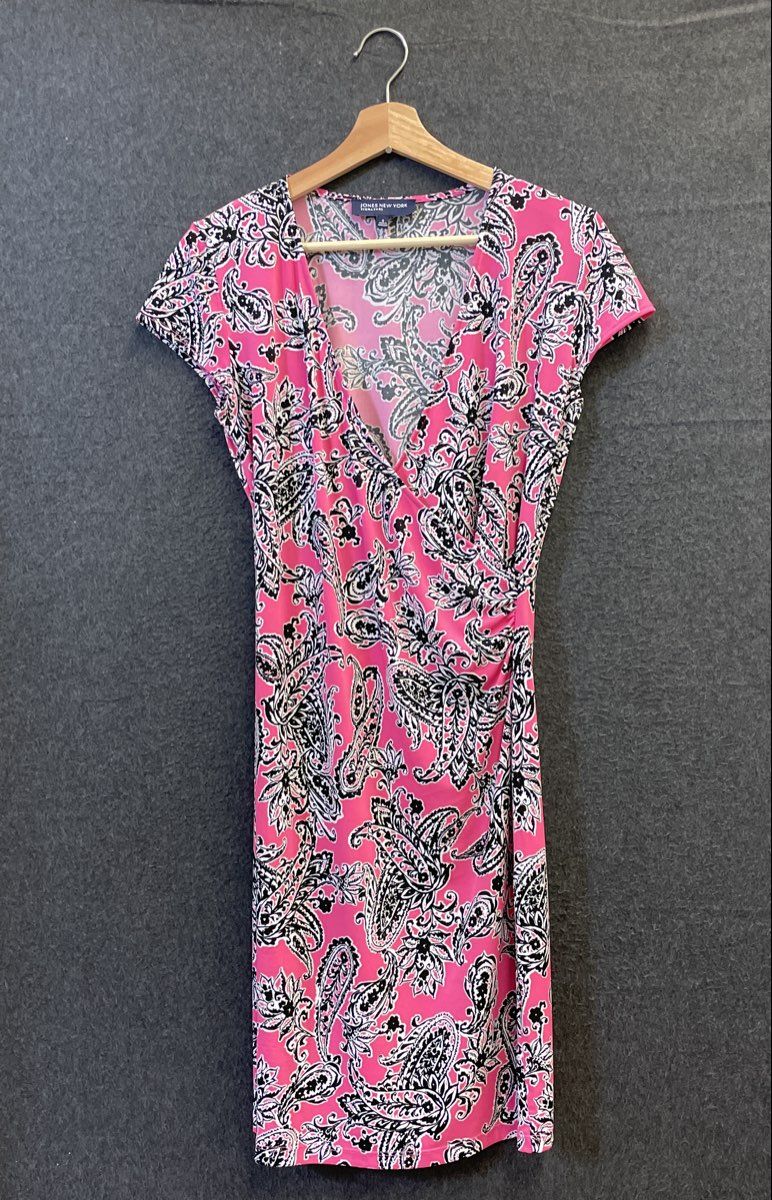 Jones New York Signature Women's Pink Paisley Faux Wrap V-Neck Dress Sz S