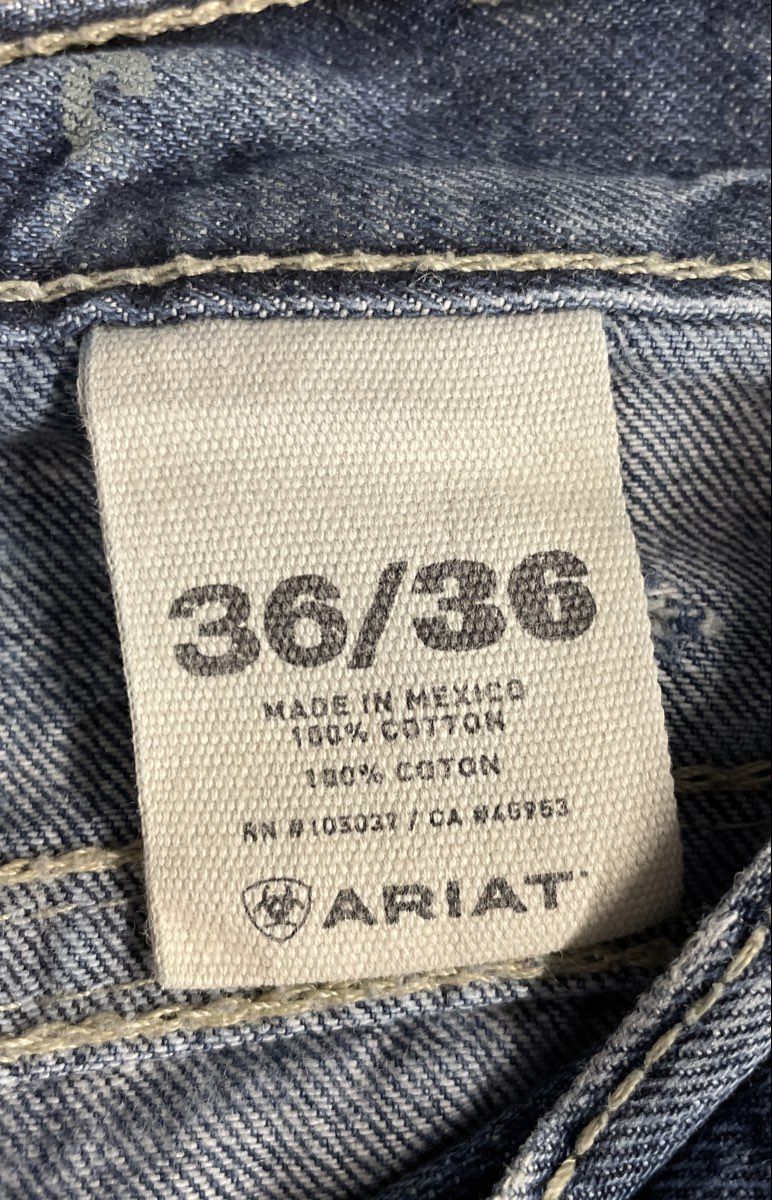 Ariat Men's Blue Denim Jeans Straight Leg Heavy Contrast Stitch Distressed