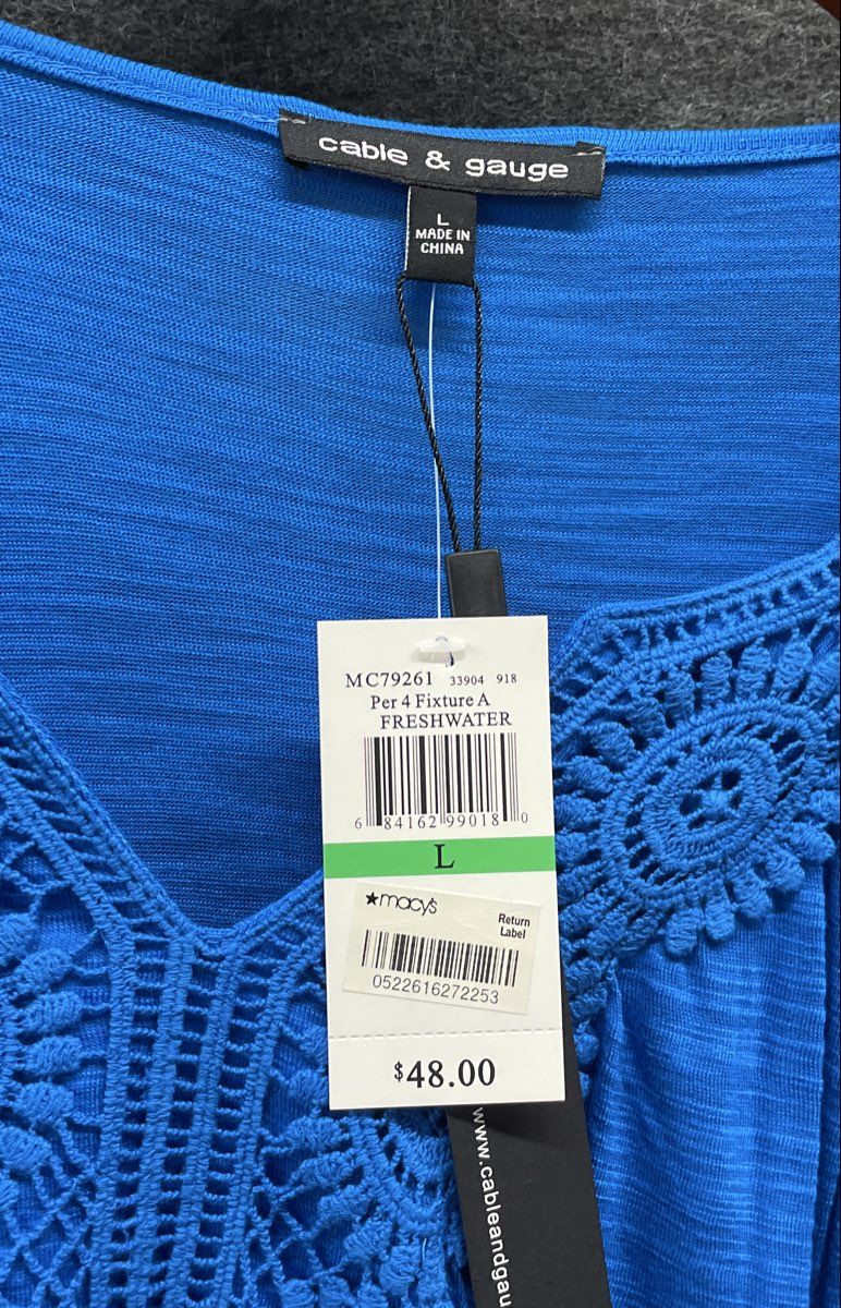 Cable & Gauge Women's Blue Crochet Neck Short Sleeve Slub Knit Shirt Sz L NWT