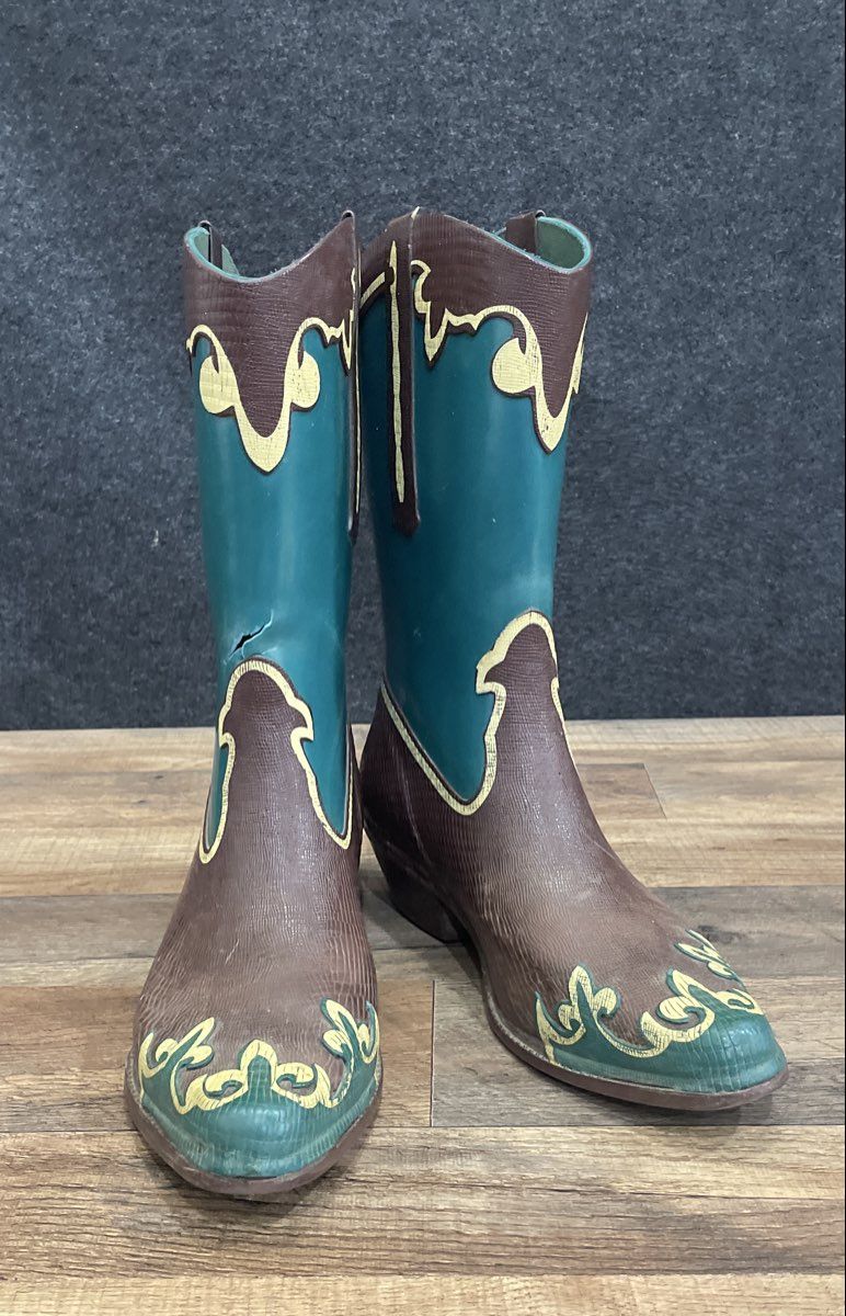 dav Cowboy Rain Boots Brown Teal Blue Western Pattern Wellies Women's Size 10