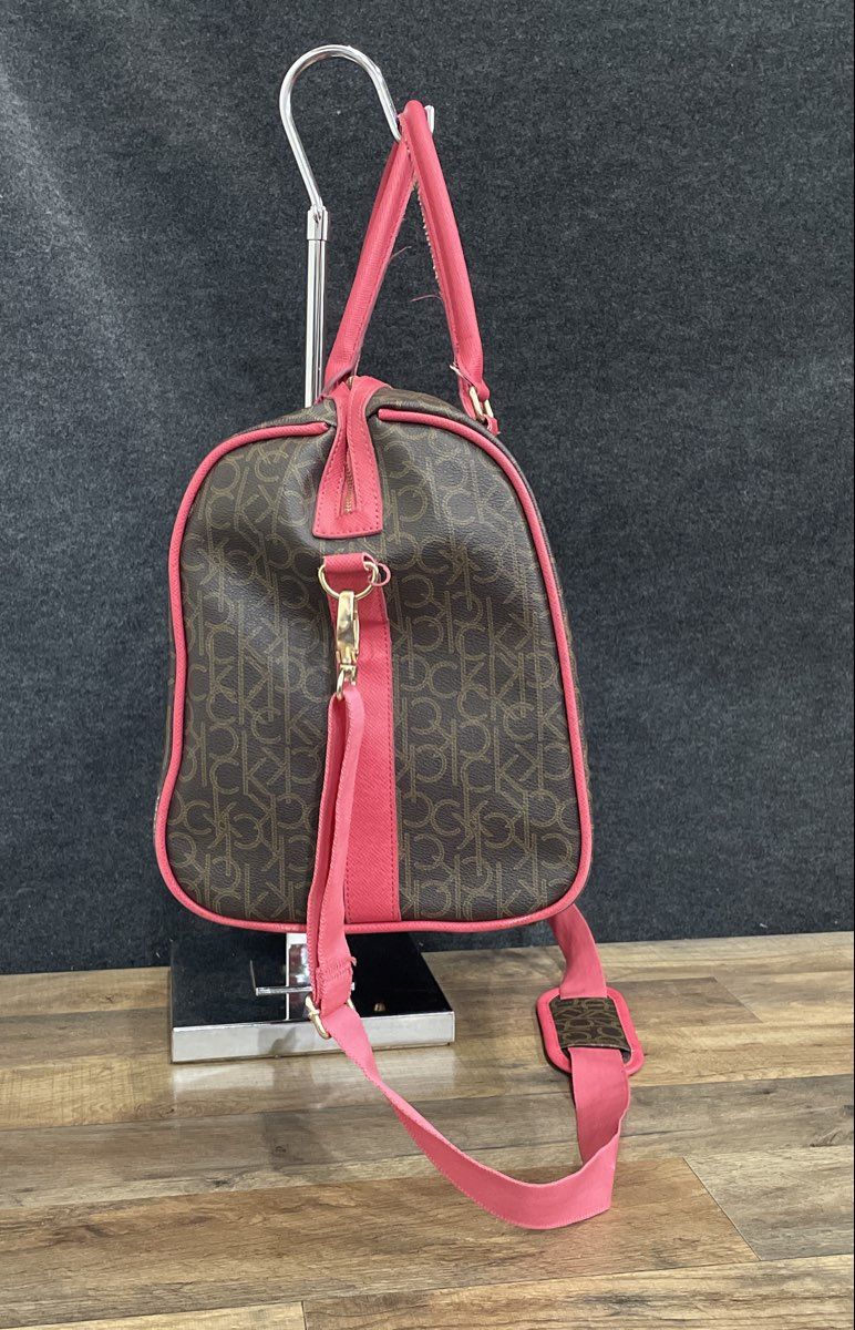 Calvin Klein Brown Pink Monogram Leather Travel Duffle Bag Large Crossbody