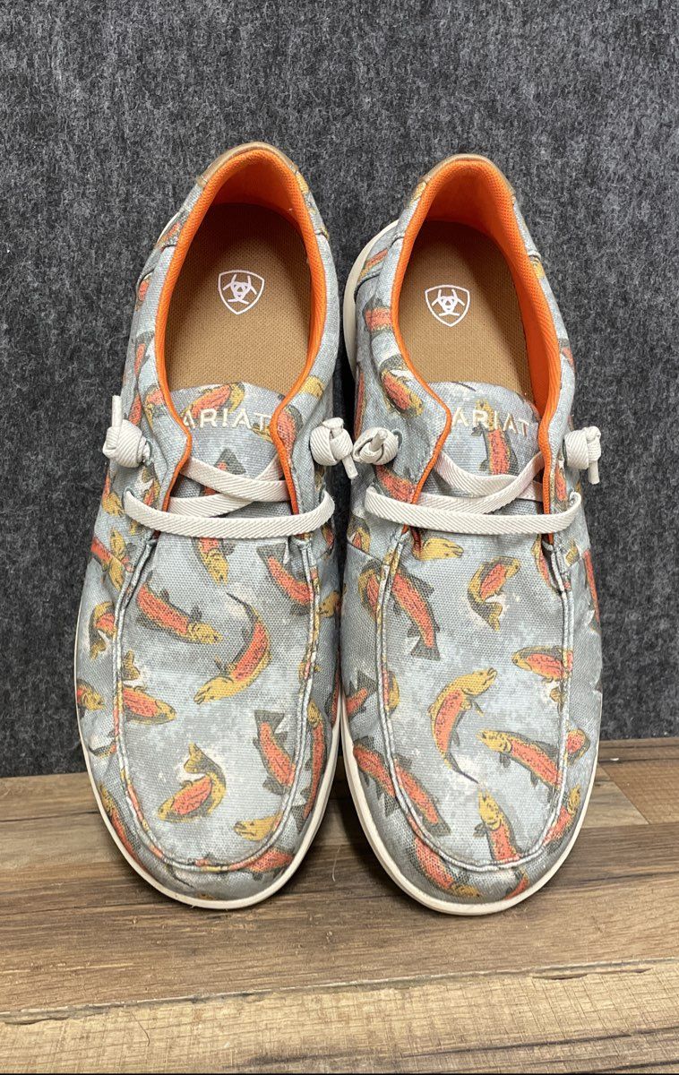 Ariat Hilo Trout Print Grey Canvas Slip On Casual Shoes Men's Size 10.5